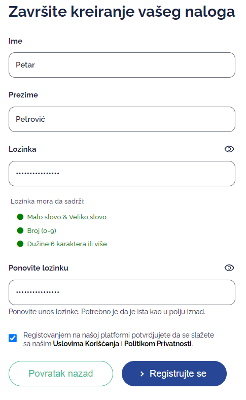 Forma za kreiranje naloga
